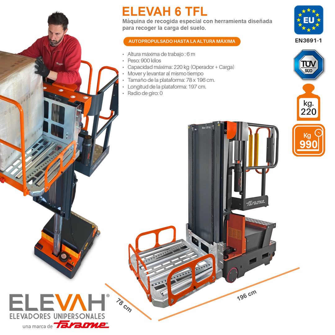 Elevah E6 TFL es una máquina de recogida especial con herramienta diseñada para recoger la carga del suelo, ideal para actividades de picking y/o almacenaje de productos en almacenes, tiendas, minoritas…